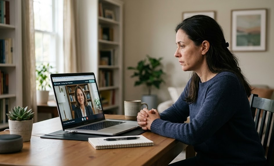 A realistic telepsychiatry consultation showing an adult patient sitting at a desk at home during a video call with a psychiatrist on a PC monitor or laptop screen