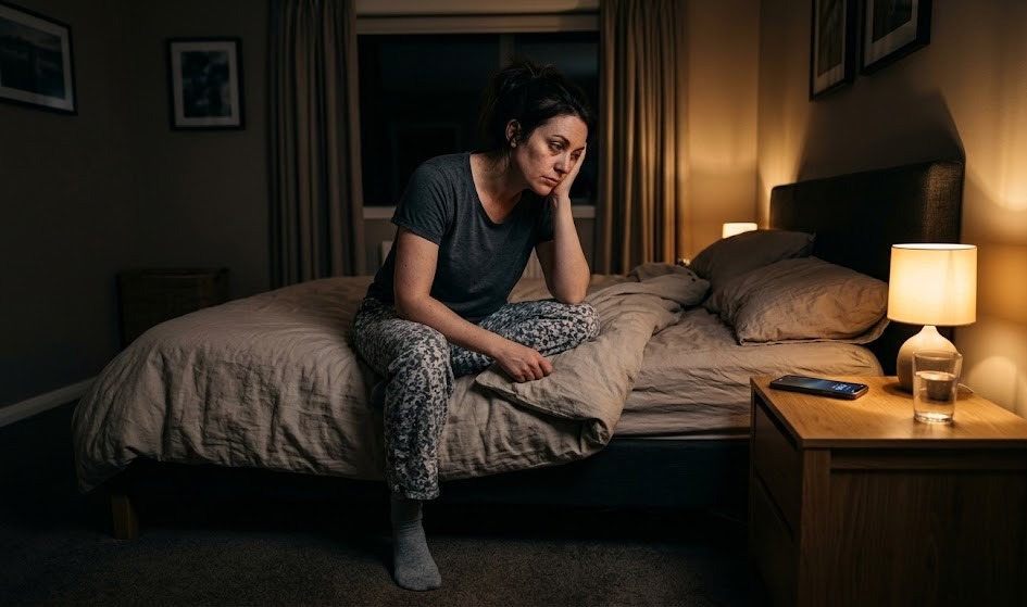 Woman sitting awake on a bed at night looking worried, showing how ADHD and anxiety can overlap and affect sleep, focus, and emotional stress.