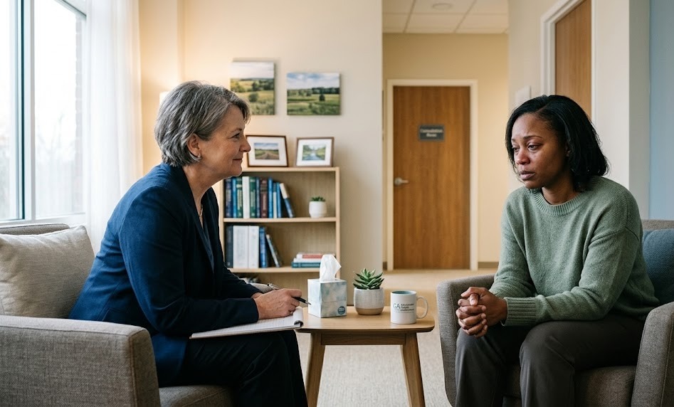 A realistic, empathetic mental health scene set in a modern outpatient psychiatry office in Georgia. An adult patient sits in a chair looking emotionally overwhelmed, with tired eyes, tense posture, and a distant expression, while a compassionate psychiatrist listens attentively across from them in a calm, professional setting.