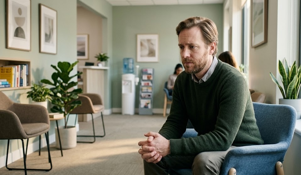 An adult patient sitting in a psychiatric clinic waiting room before the first appointment, looking anxious and uncertain, hands folded tightly, quiet thoughtful expression