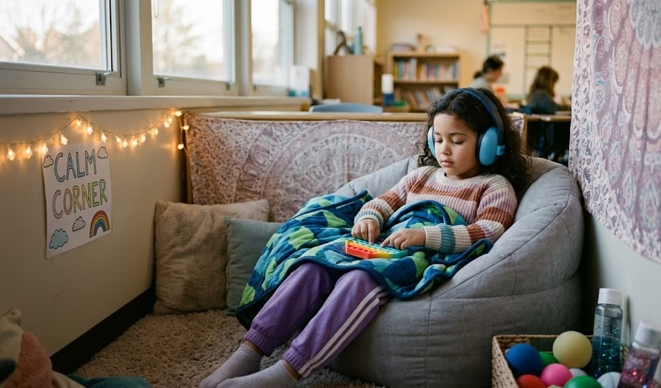 A child using sensory tools like headphones, weighted blanket, or sitting in a calm corner.