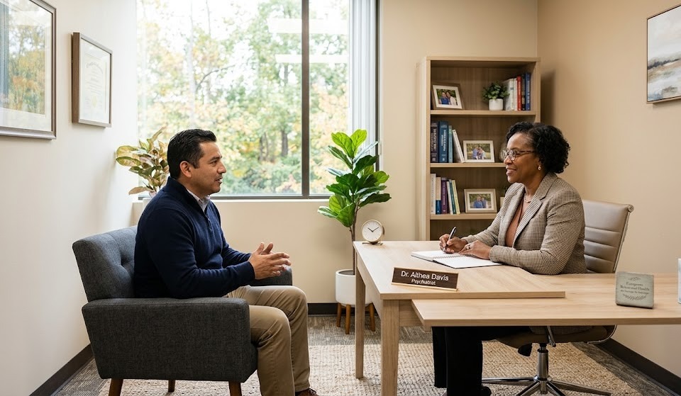 A warm, professional mental health clinic scene in Georgia, showing an adult patient in a calm consultation with a psychiatrist in a modern private office, natural daylight, neutral colors, reassuring atmosphere, subtle medical setting