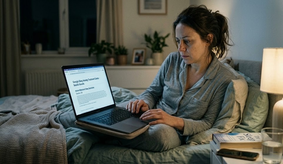Adult using a laptop to search for a local sleep anxiety treatment center in Georgia