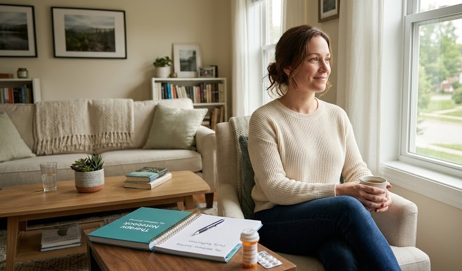 An adult patient at home feeling calm, emotionally balanced, and gently happy while following a depression treatment plan, sitting in a bright, comfortable living room with a therapy notebook on the table and prescribed medication nearby
