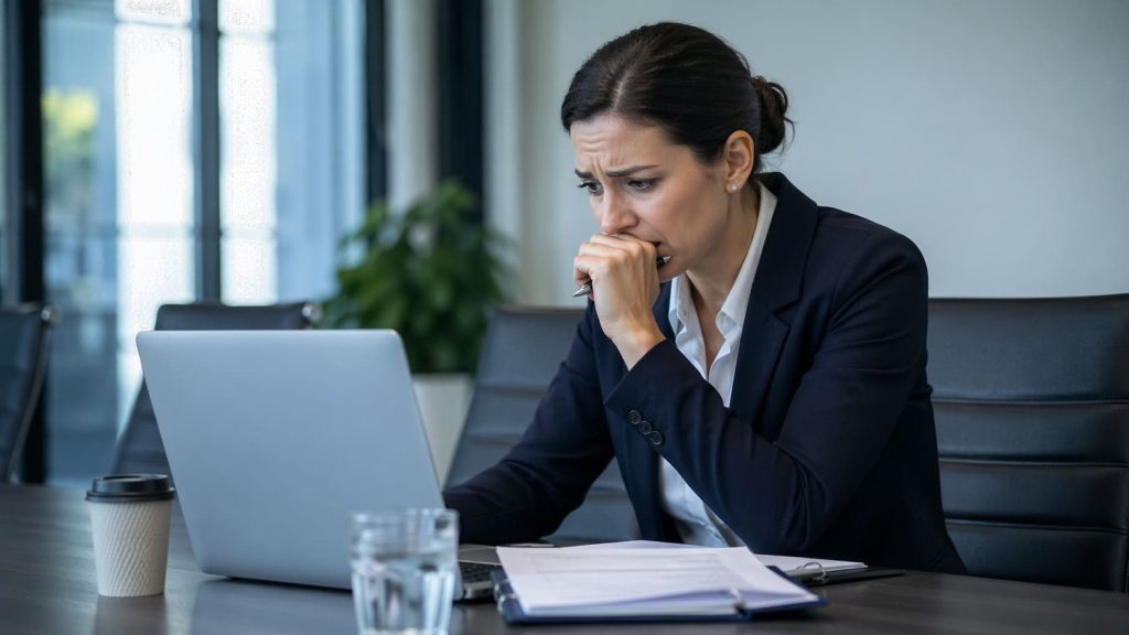 Professional adult in an office looking tense and worried while reviewing notes on a laptop
