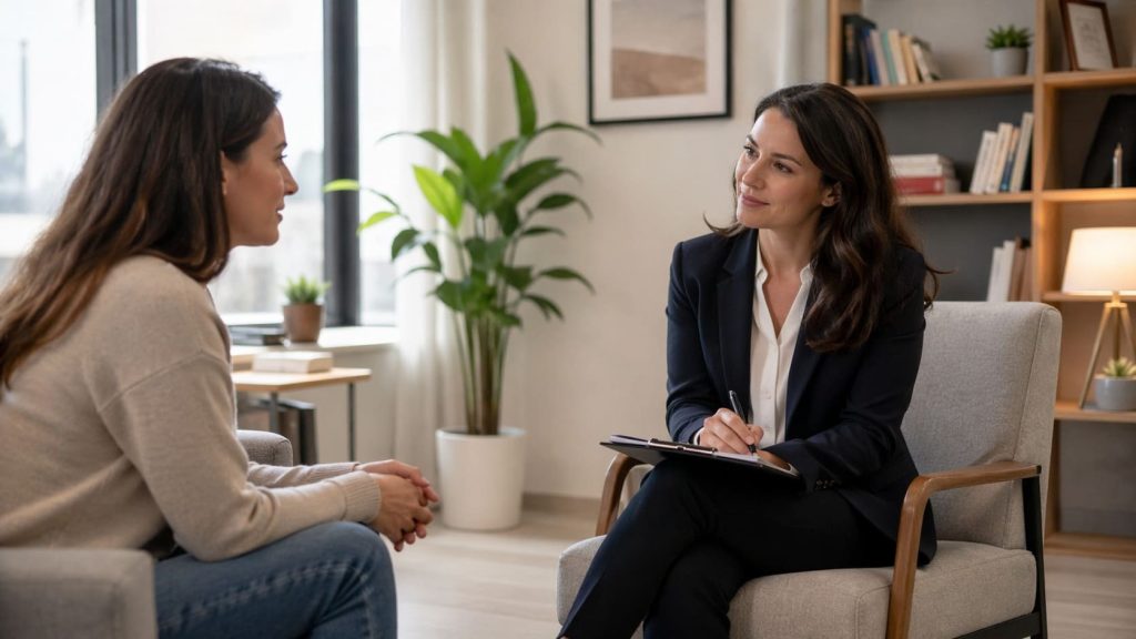 Psychiatrist speaking with an adult patient in a calm office setting during a mental health consultation