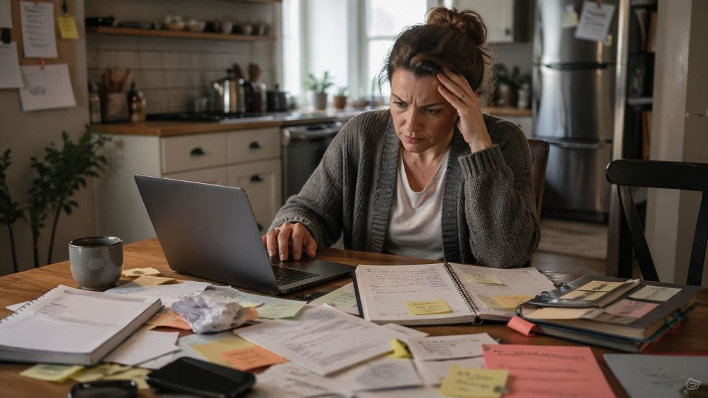 Adult at a kitchen table looking both distracted and overwhelmed while working on a laptop and notes