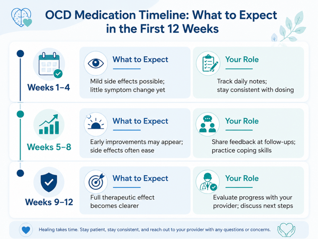 Infographic showing an OCD medication timeline for the first 12 weeks, with expected symptom changes and patient roles during weeks 1–4, 5–8, and 9–12.