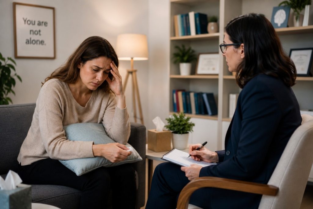 Postpartum depression psychiatrist in Georgia supporting a new mother during a private mental health consultation.