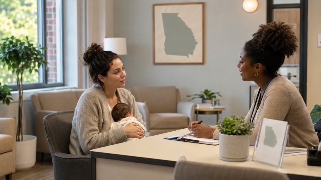 Postpartum depression treatment options in Georgia with a new mother speaking to a caring mental health professional in a calm clinic office.