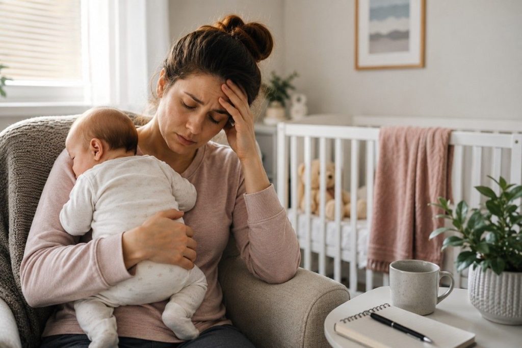 Postpartum Depression in Georgia: tired new mother holding her baby in a calm nursery while seeking mental health support.