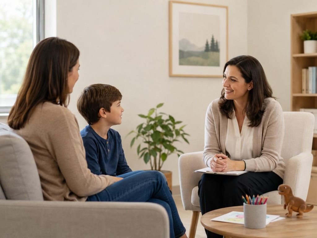 Warm counseling session with family and therapist