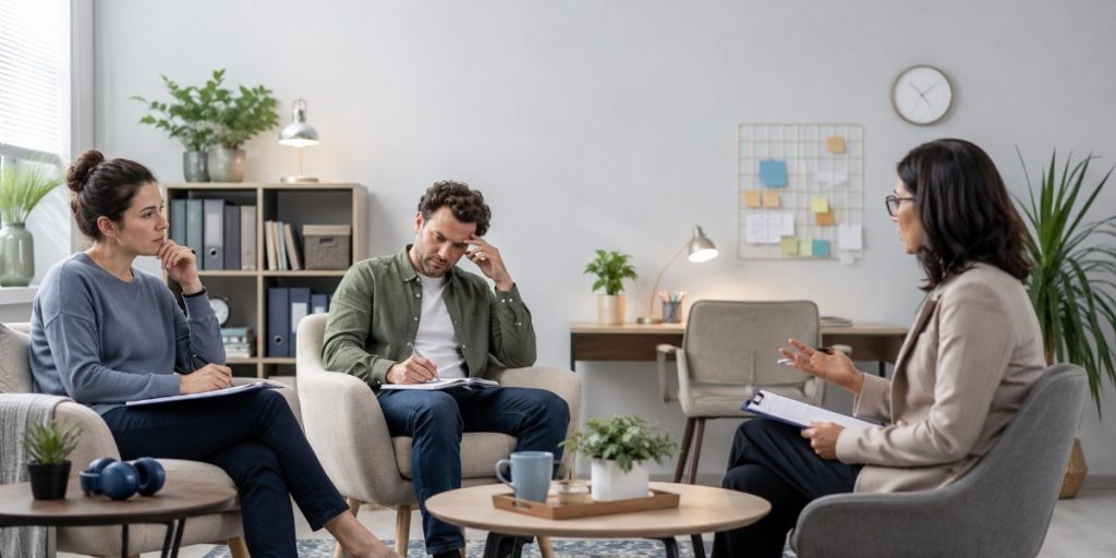 Adults discuss autism and ADHD symptoms with a psychiatrist in a calm clinic setting during a professional mental health evaluation.