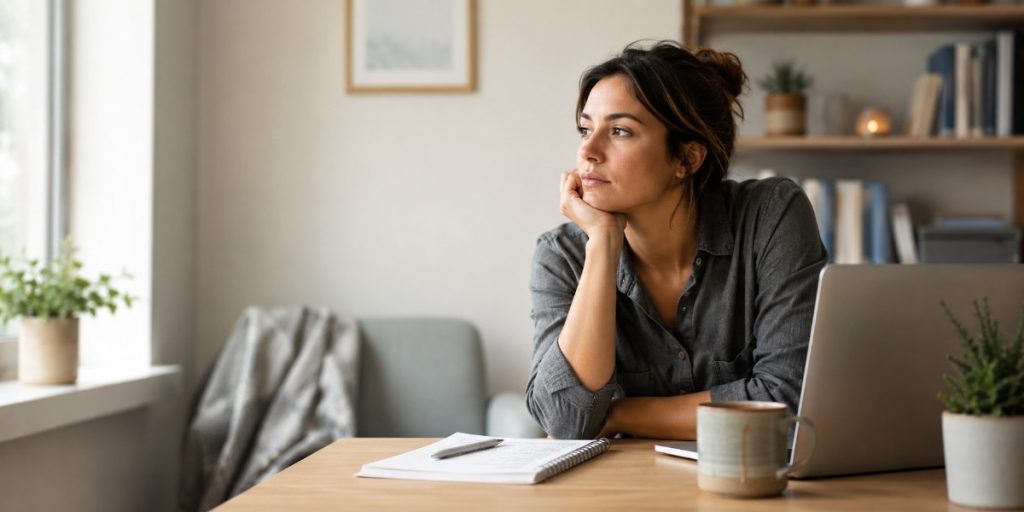 Adult woman sitting thoughtfully at a desk with a laptop and notebook, reflecting on signs she may benefit from adult autism testing.