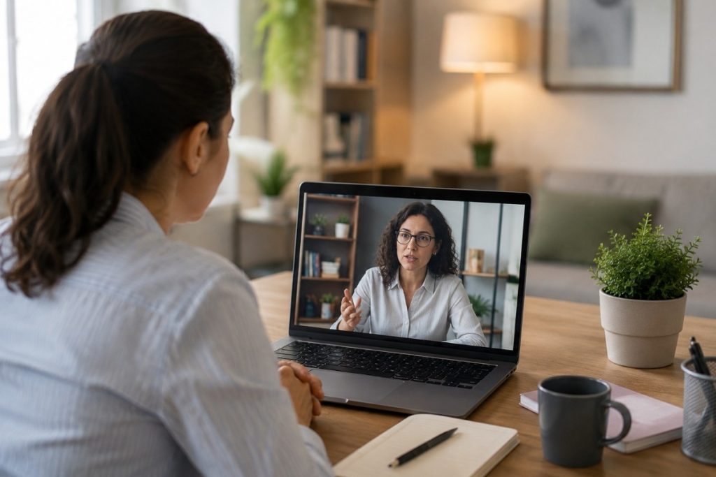 Patient attending a secure online psychiatric evaluation with a mental health professional through a laptop at home.