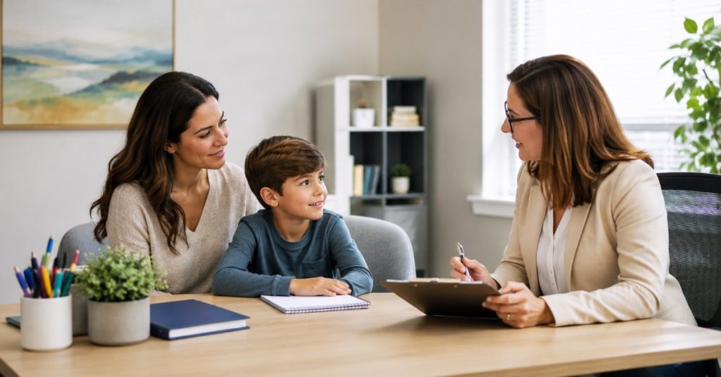 Parent and child meet with a psychiatric clinician in a bright office for a supportive ADHD evaluation and care planning.