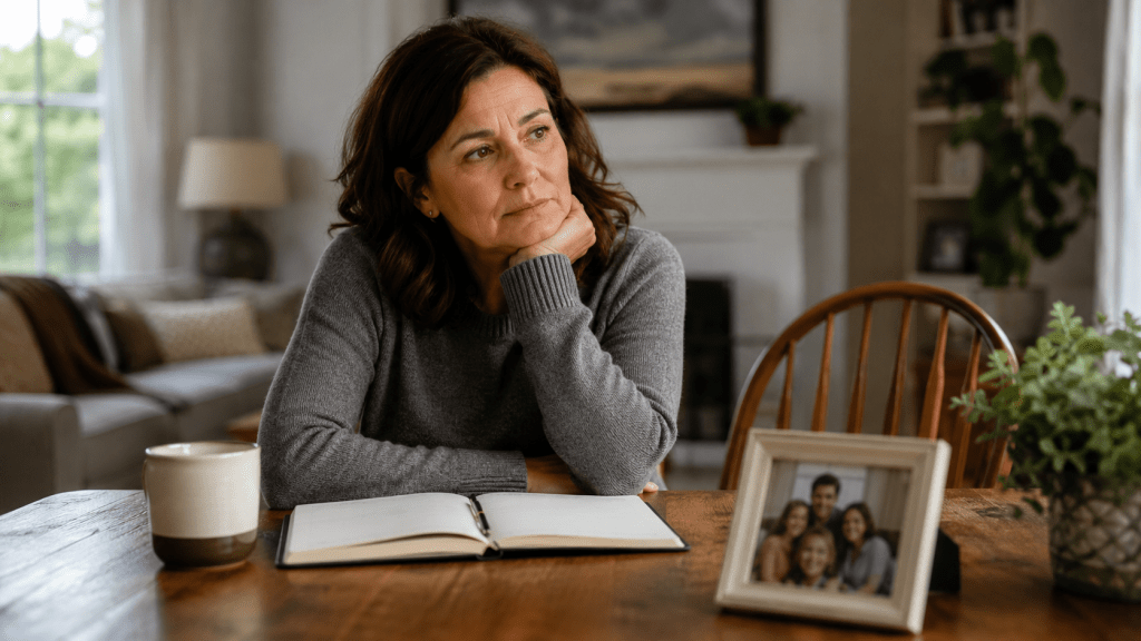 Middle-aged woman sitting thoughtfully at a dining table with a family photo, journal, and coffee, reflecting on empty nest syndrome, depression, and anxiety.