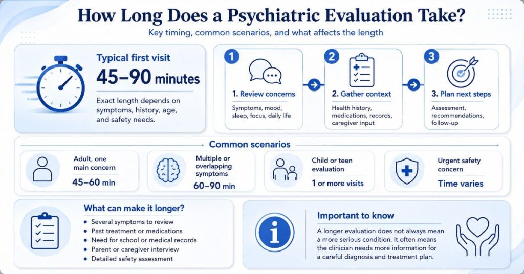 Infographic explaining that a first psychiatric evaluation usually takes 45 to 90 minutes and includes reviewing concerns, gathering history, and planning next steps.