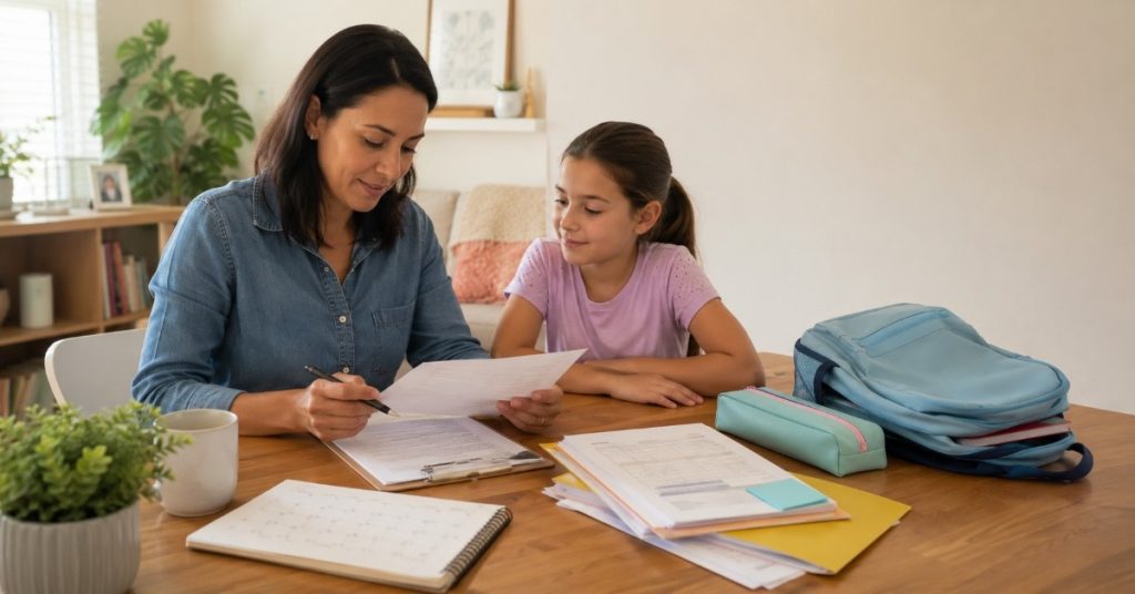 Mother and daughter organize school records, forms, and notes at home to prepare for a child ADHD evaluation appointment.