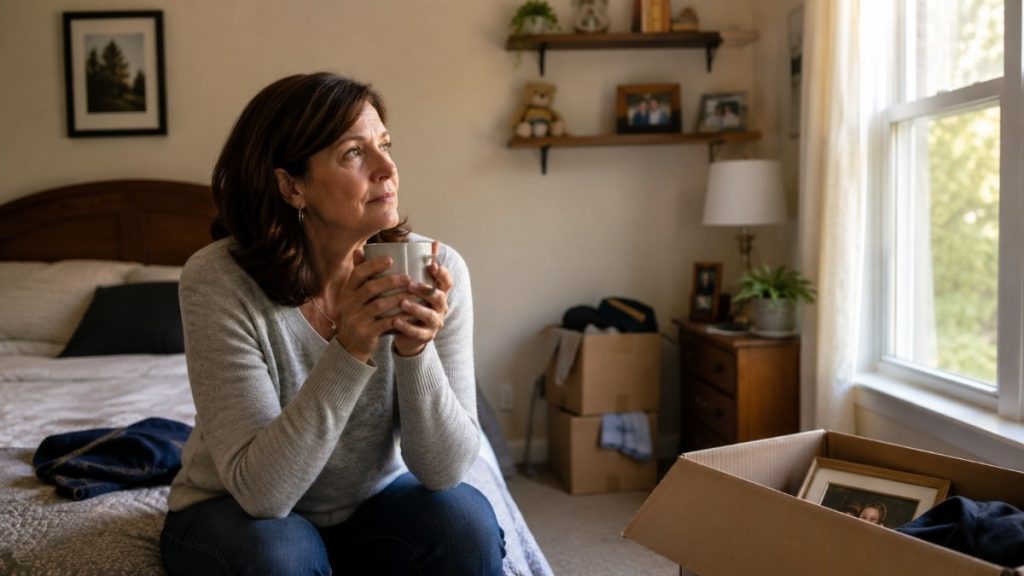 Middle-aged woman sitting thoughtfully in a recently emptied bedroom with moving boxes and family photos, coping with empty nest syndrome in Georgia.