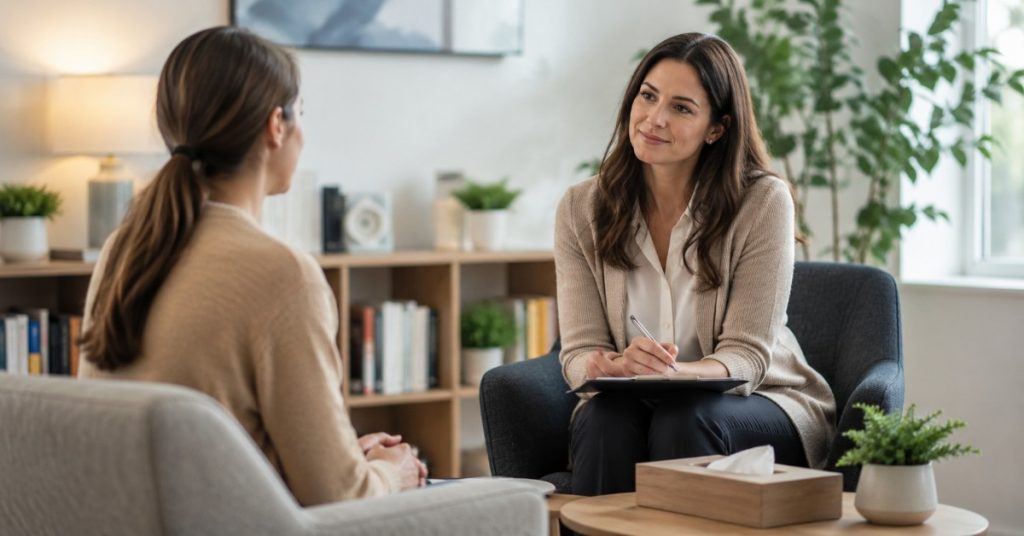 Patient speaking with a psychiatrist during a first psychiatric evaluation in a calm, private office.