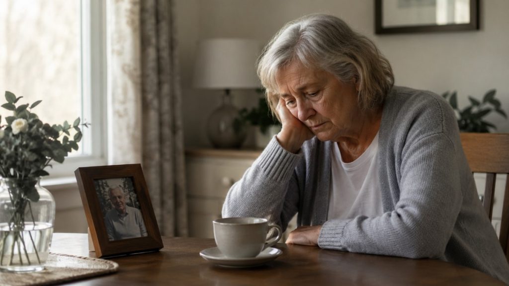 Older woman sitting alone beside a framed photo of her late spouse, showing persistent sadness and withdrawal after loss.