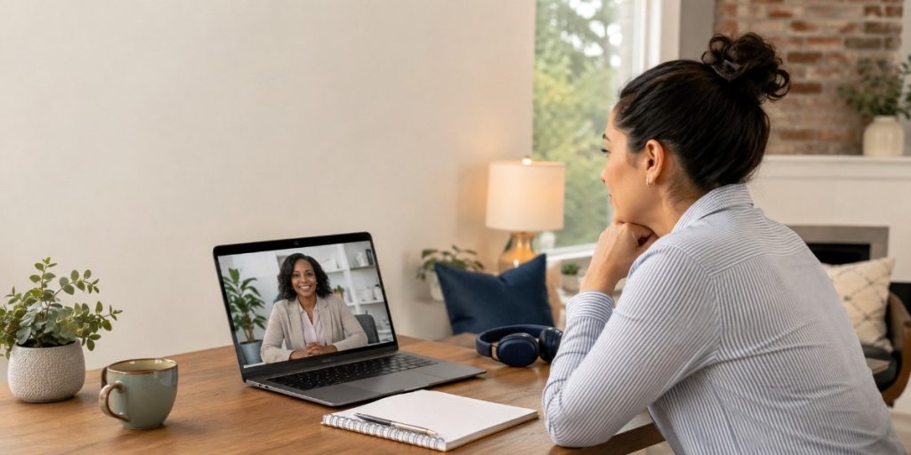 Adult woman sitting thoughtfully at a desk with a laptop and notebook, reflecting on signs she may benefit from adult autism testing.
