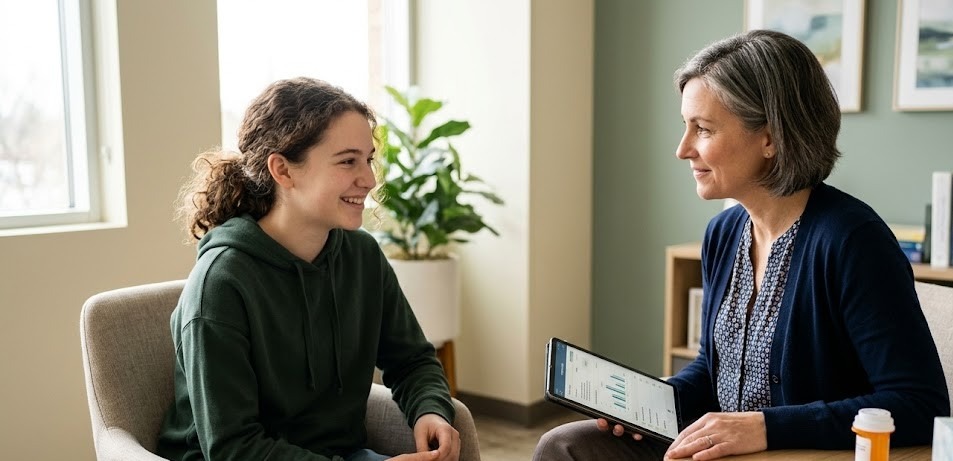 A smiling teenager and a supportive healthcare provider seated together in a bright clinic during a follow-up visit, reviewing progress on a tablet.