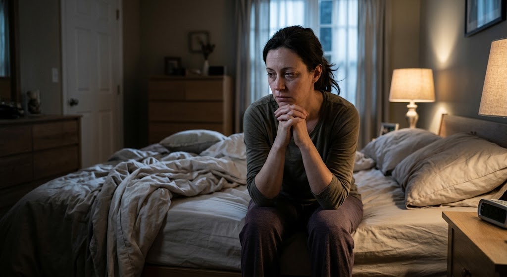 An exhausted adult sits awake on the edge of a rumpled bed at night, appearing tense and unsettled after a nightmare, illustrating PTSD-related insomnia and disrupted sleep.
