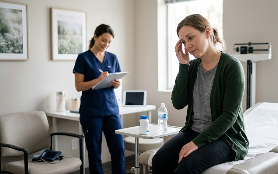 A patient with a headache in a doctor's office while a nurse looks on.