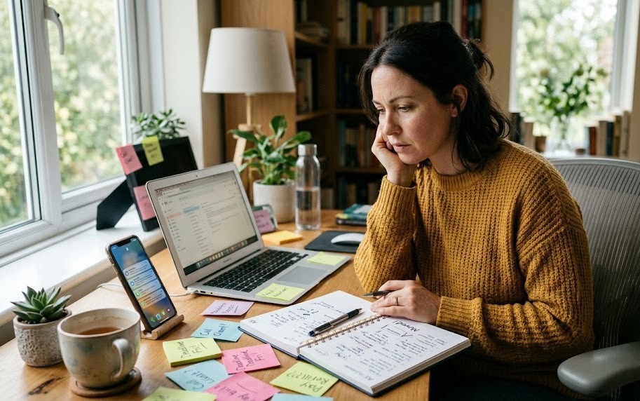 Adult sitting at a cluttered desk with unfinished tasks, scattered notes, phone reminders, and an open planner, appearing thoughtful and overwhelmed by possible signs of ADHD.
