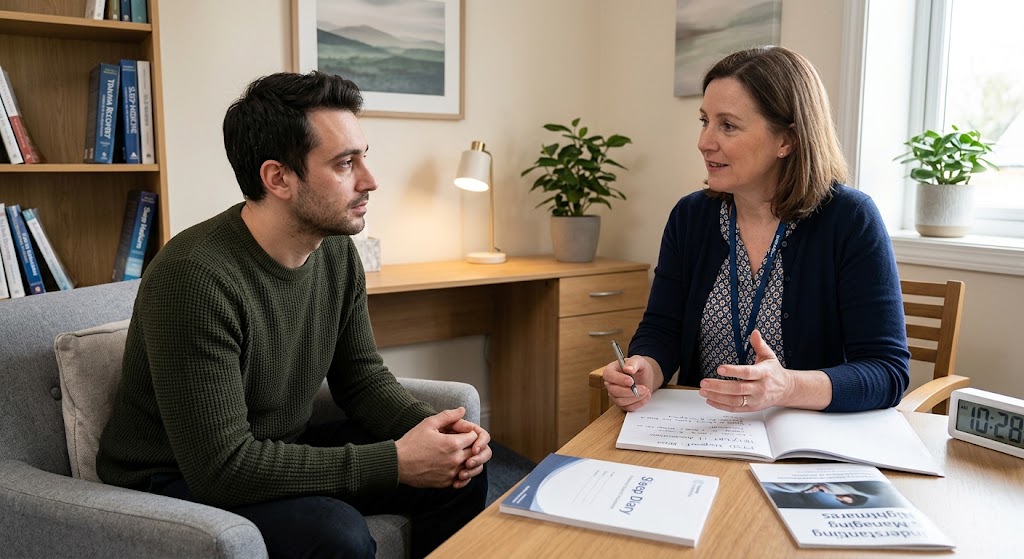 A doctor speaks with a tired adult patient in a calm clinical setting, offering supportive guidance for PTSD-related nightmares and insomnia.