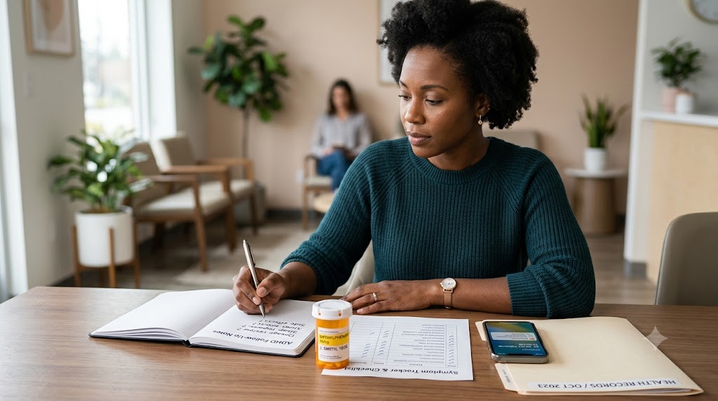 A focused woman sitting at a desk in a calm, modern clinic, writing in a notebook beside a medication bottle, symptom tracker, smartphone, and medical folder.