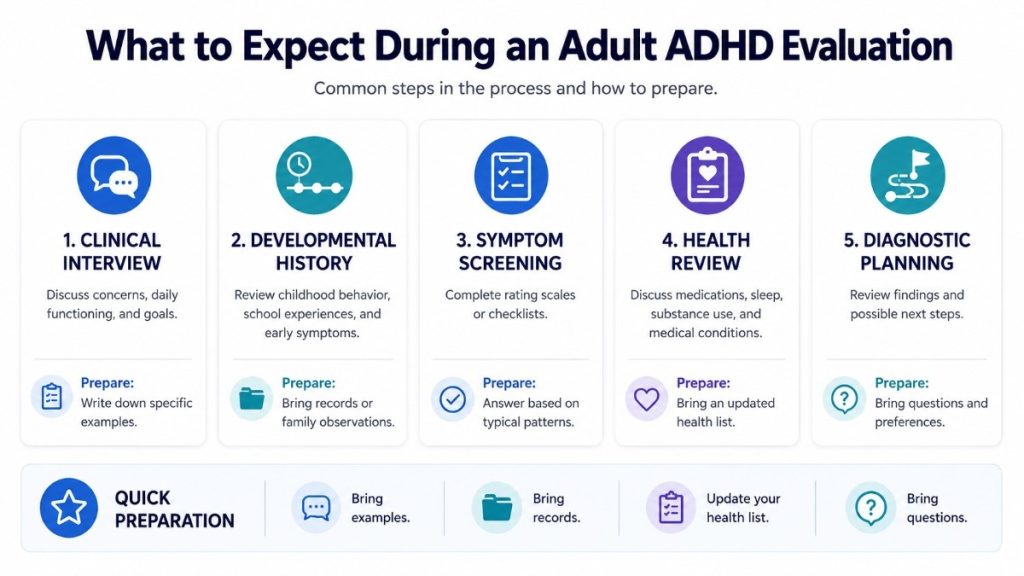 Infographic outlining five common steps in an adult ADHD evaluation: clinical interview, developmental history, symptom screening, health review, and diagnostic planning, with a preparation tip for each step.